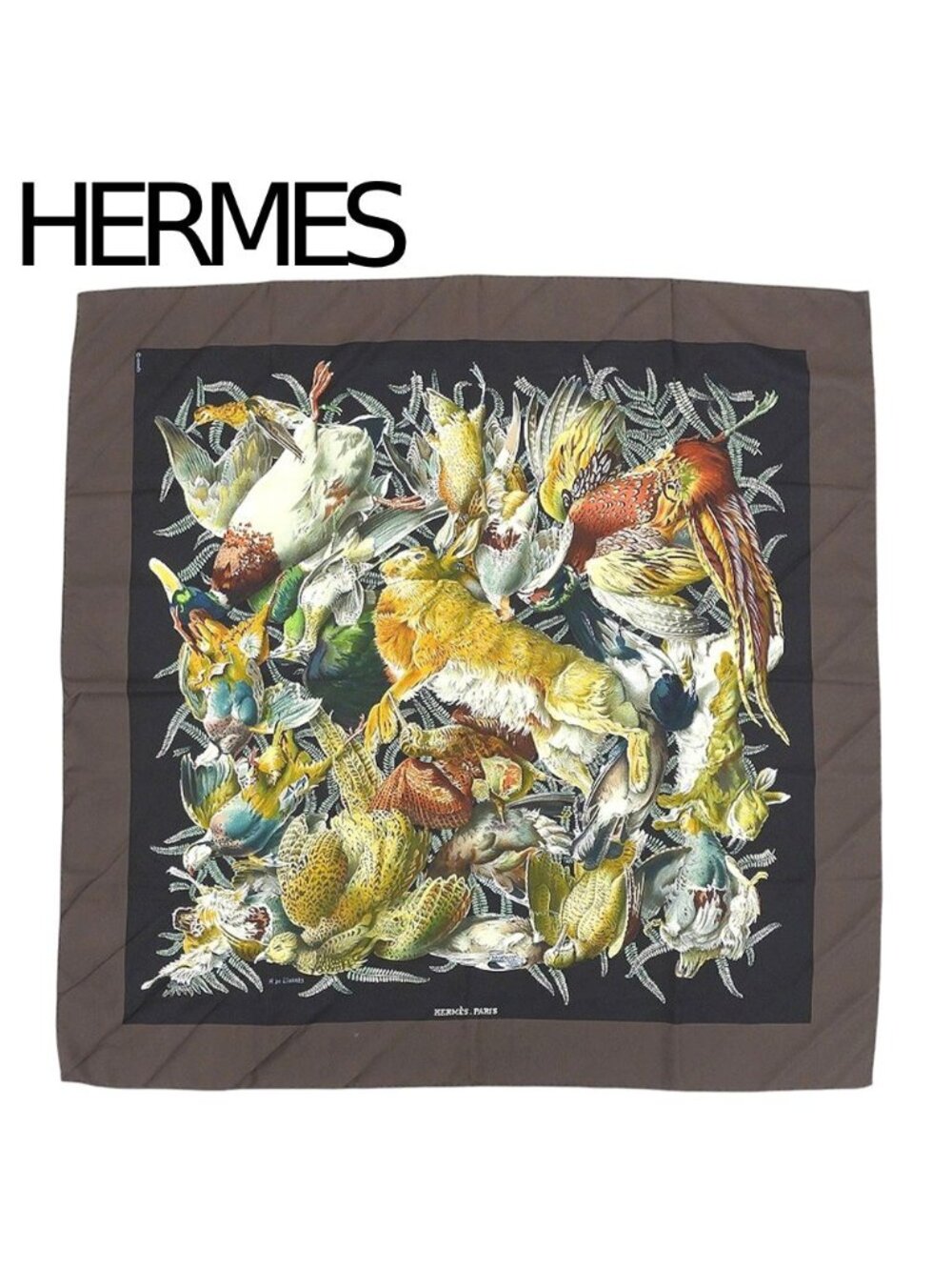 Hermes Carre 90 Gibier Silk Scarf Black Brown
